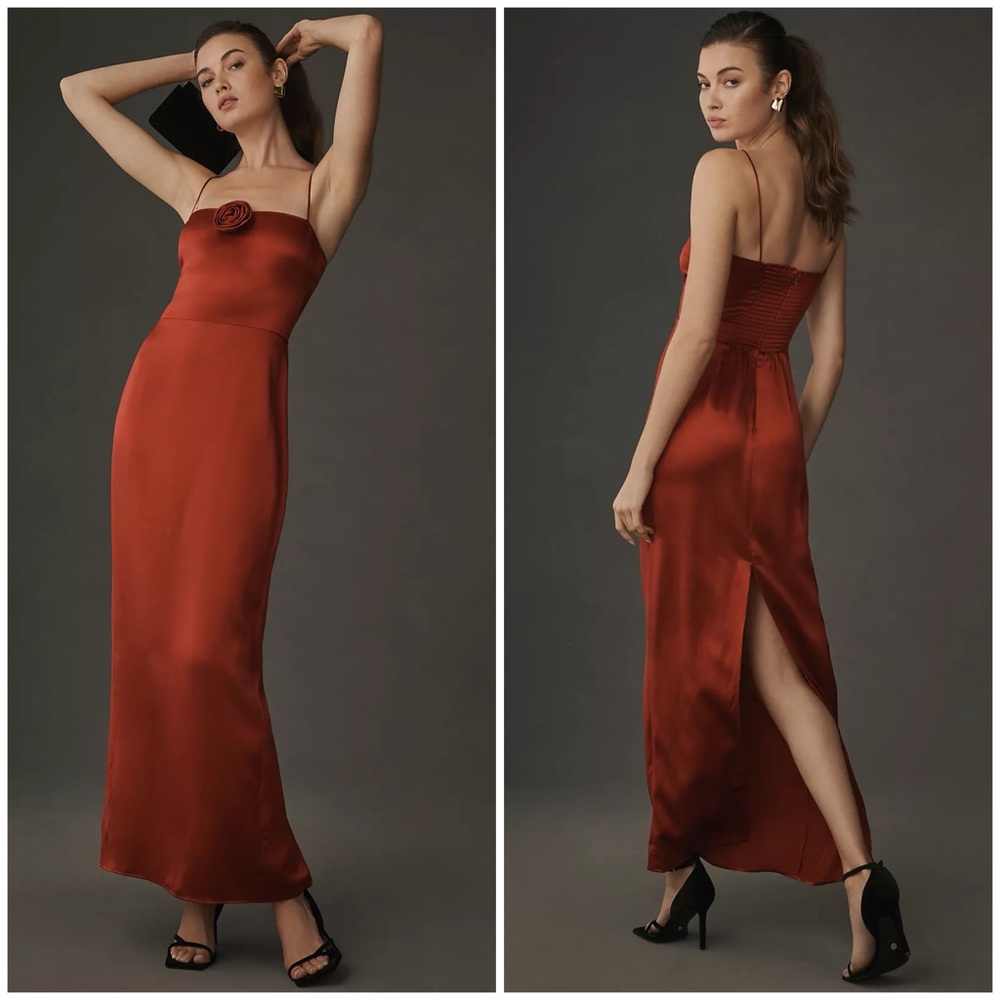 NWT Reformation Frankie Silk Dress Maxi Rosette Red Cocktail Formal Sz 10